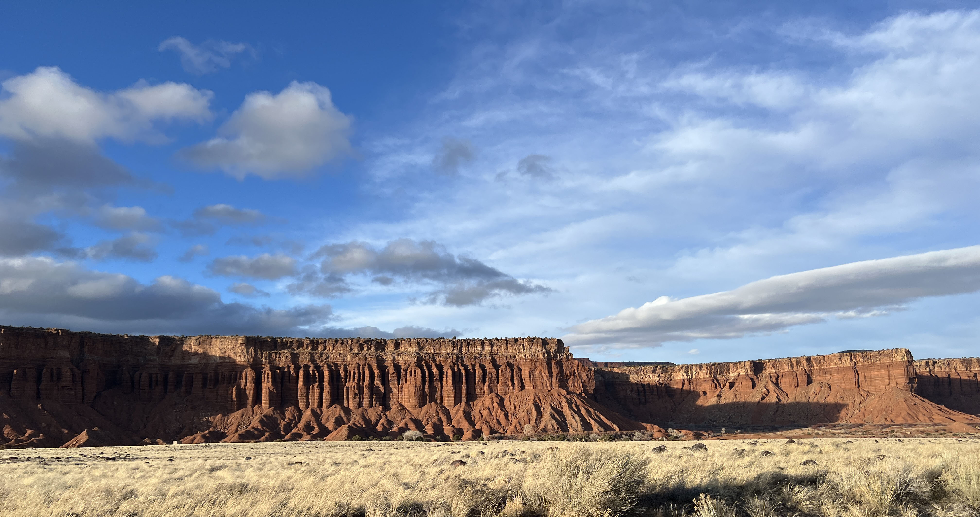Layered red sandstone cliffs above desert grassland in Capitol Reef National Park, Utah.